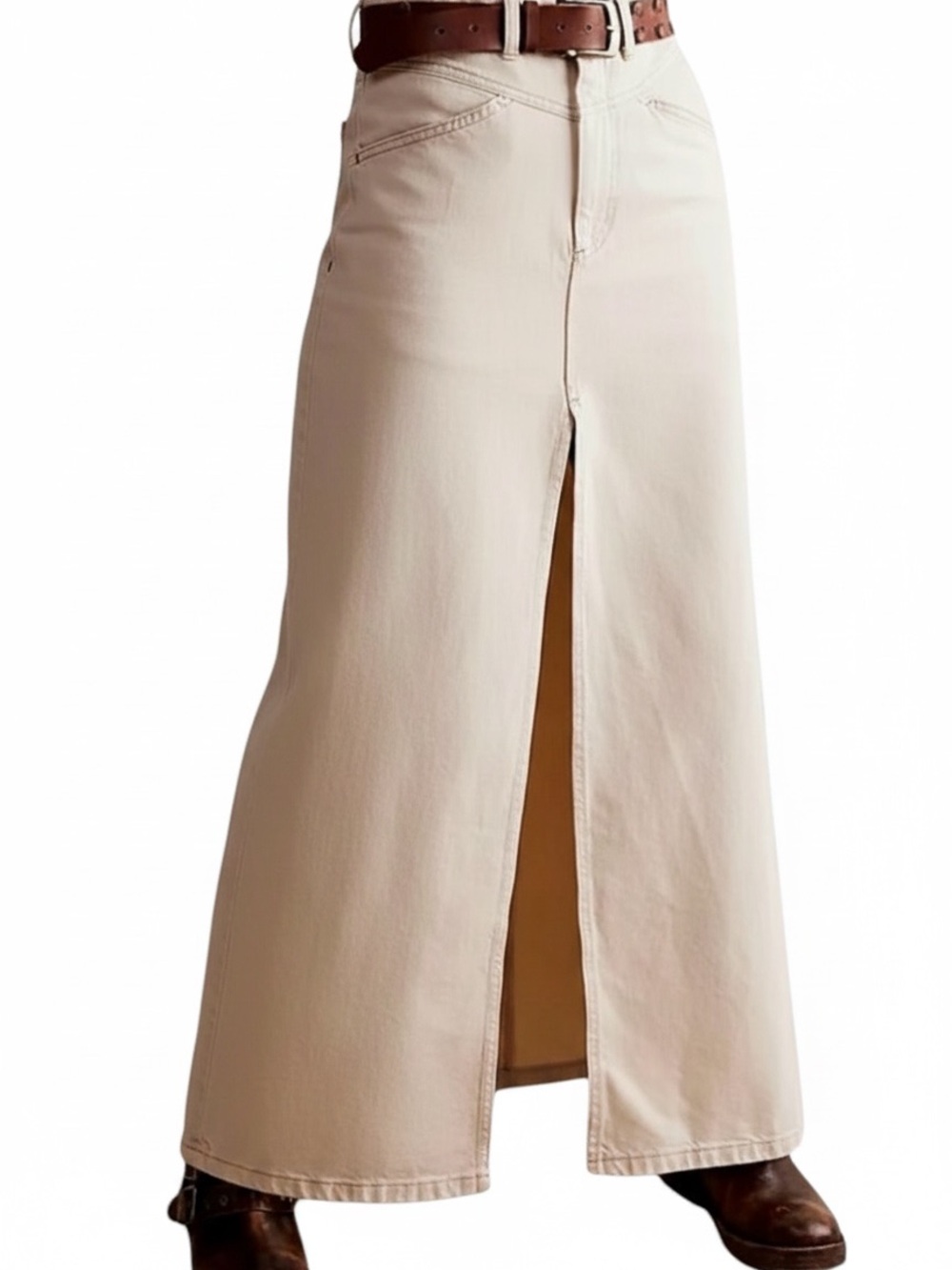 We The Free Come As You Are Ivory Cream Denim Maxi Skirt High Slit